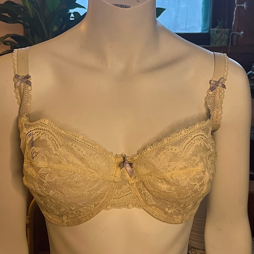 Pale yellow and purple lace bra